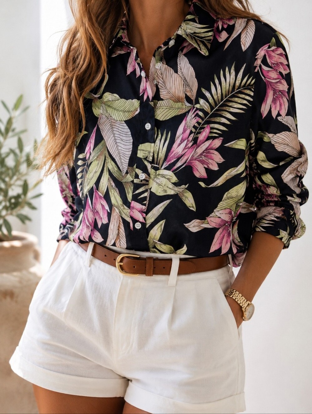 Chaps No-Iron Tropical Floral Button-Down Shirt Petite Large Cotton Black Pink